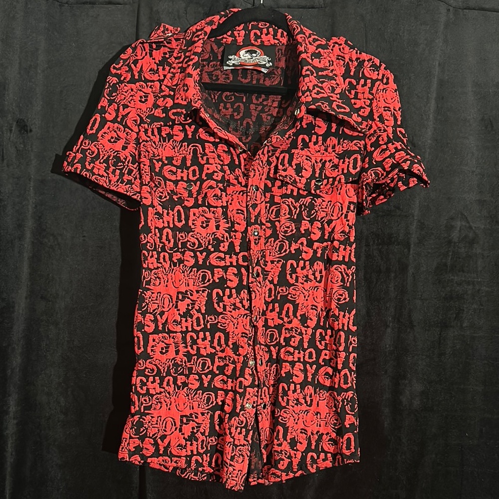 Lip Service Red and Black Mesh Psycho Button Down Shirt Vintage 2001